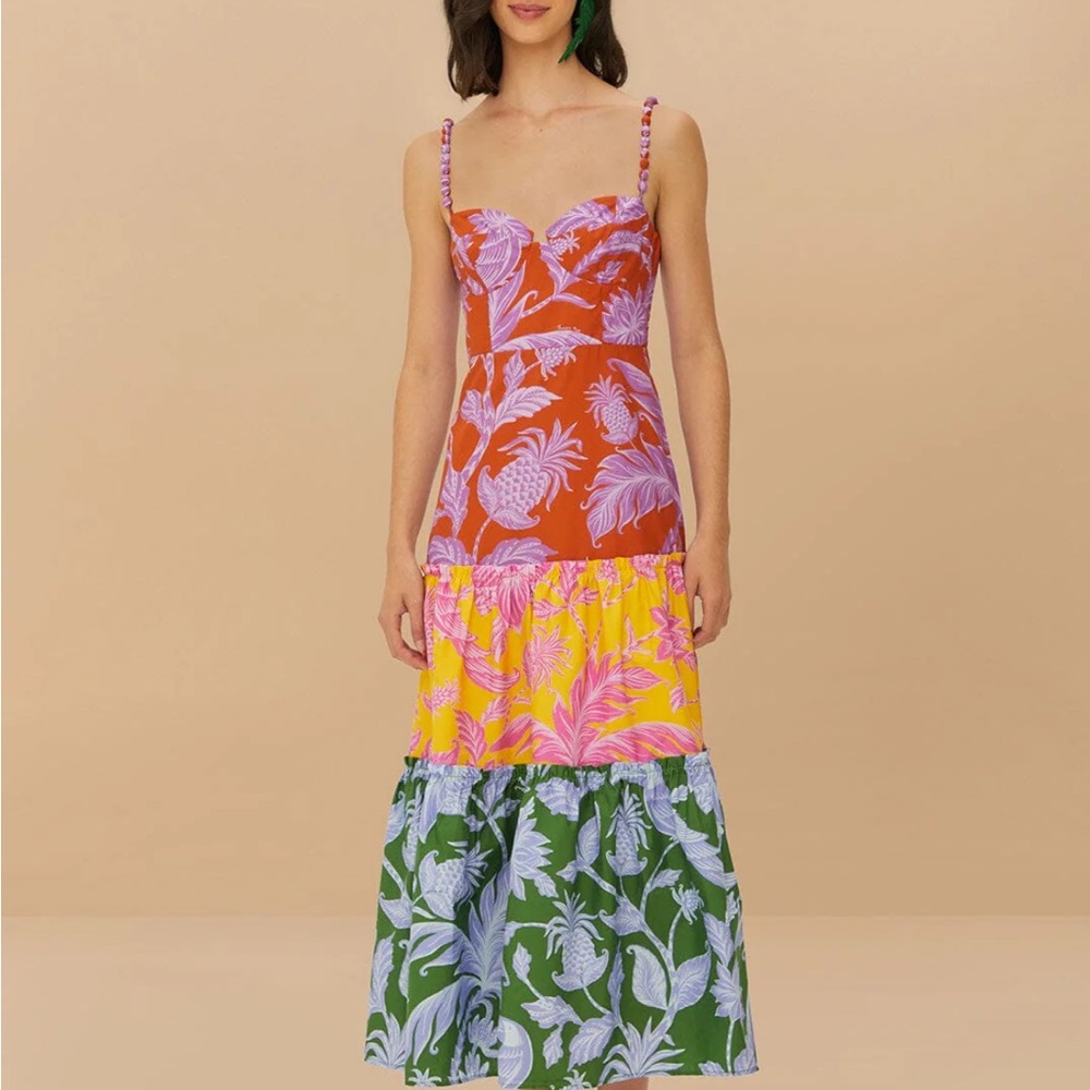 FARM Rio Tropical Red and Green Midi Dress